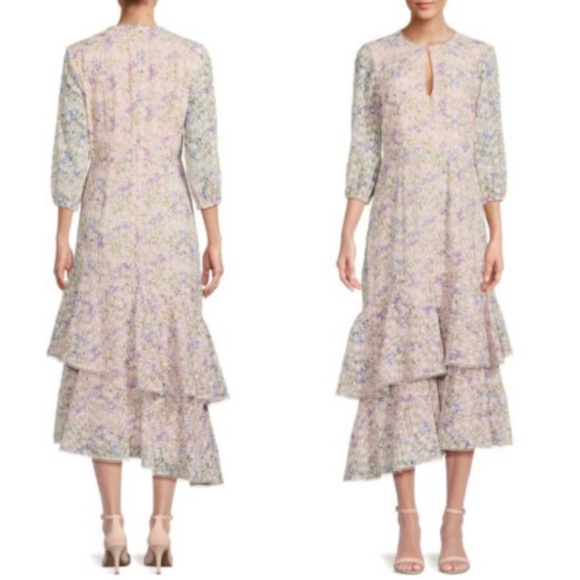MIKAEL AGHAL Embroidered Asymmetric elbow sleeve Midi Dress - Picture 2 of 10